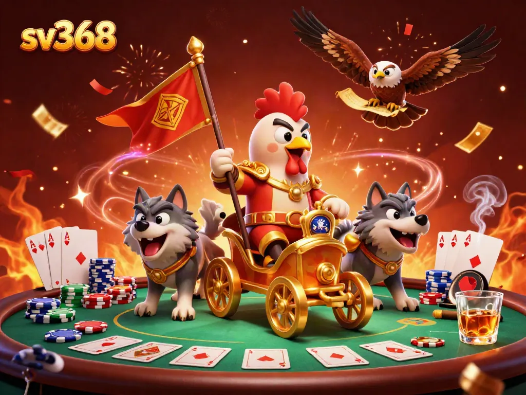 Experience thrilling gameplay at sv368 with a dynamic casino scene featuring a rooster warlord and poker elements.