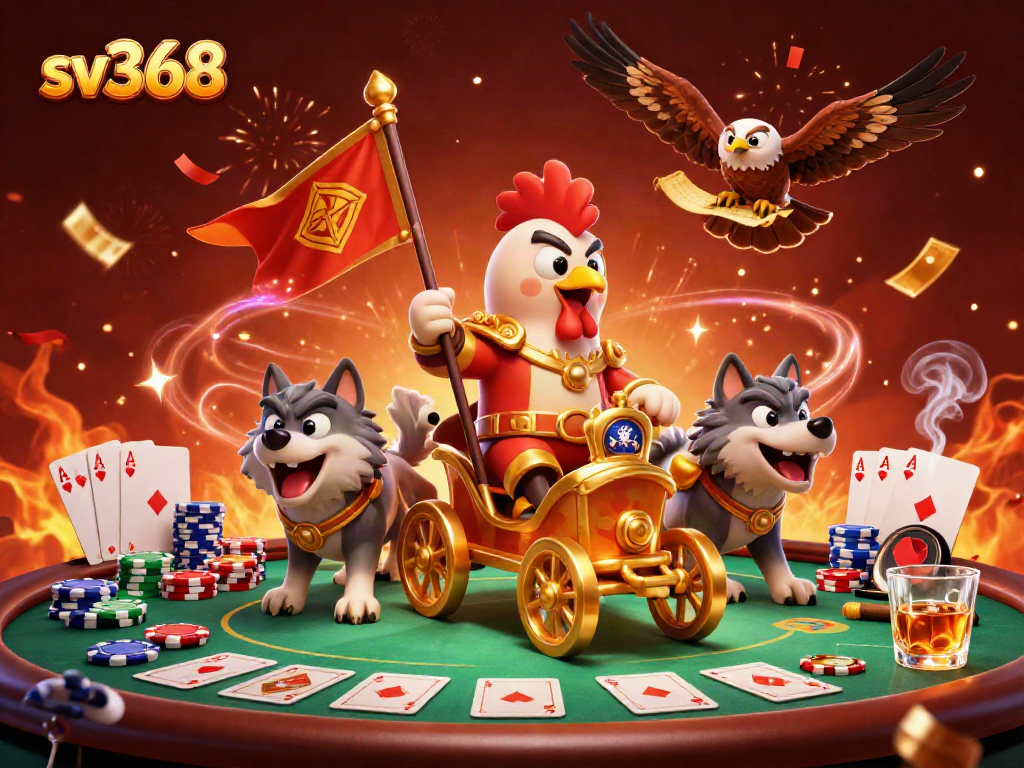 Experience thrilling gameplay at sv368 with a dynamic casino scene featuring a rooster warlord and poker elements.