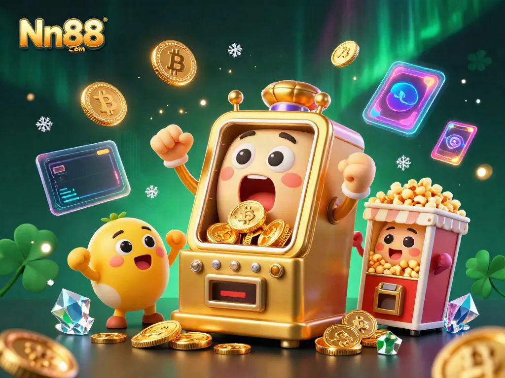 Nn88 com slot machine jackpot scene with cheerful characters, crypto coins, and vibrant colors.
