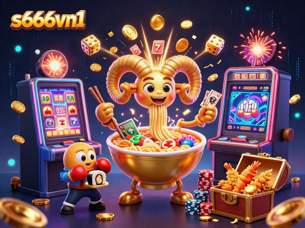 Join the excitement at s666vn1 with a vibrant 3D scene of a casino adventure featuring a golden ramen bowl and sushi dealers.