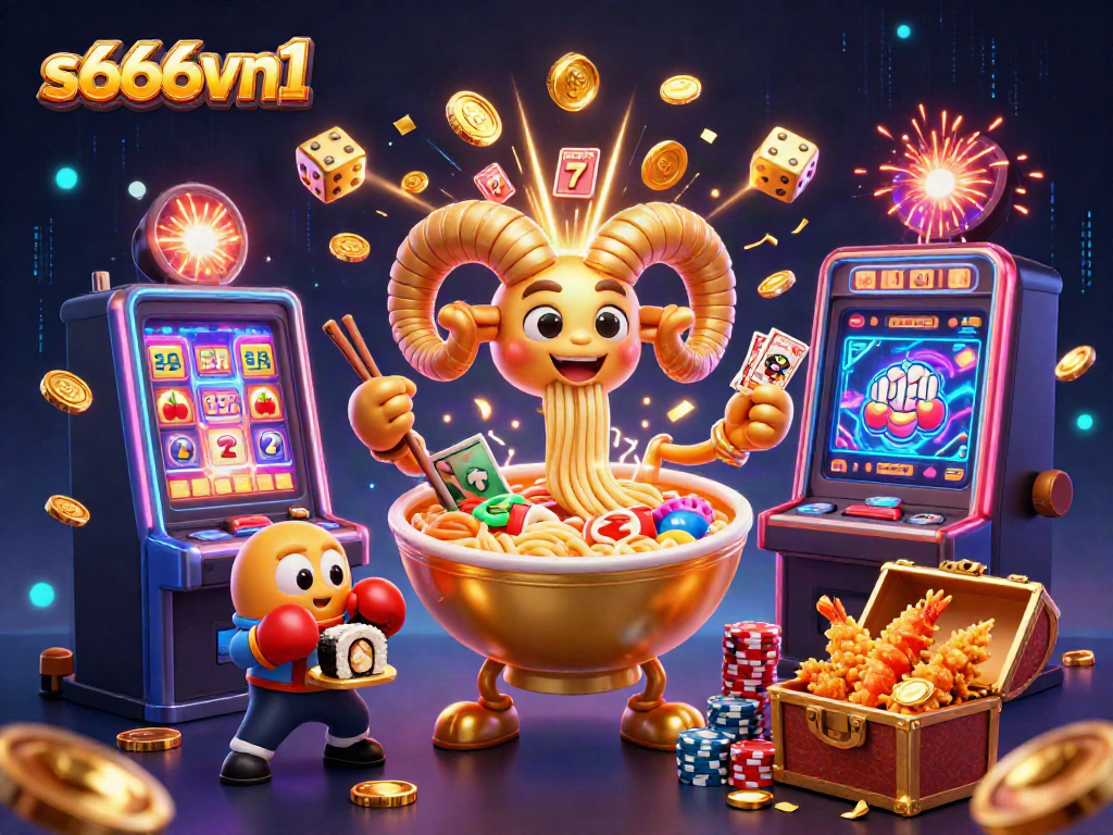 Join the excitement at s666vn1 with a vibrant 3D scene of a casino adventure featuring a golden ramen bowl and sushi dealers.