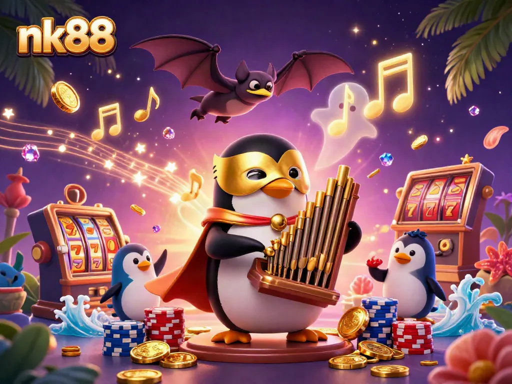 Navigating the vibrant world of nk88, a playful penguin orchestrates casino excitement with cascading coins and gaming elements.