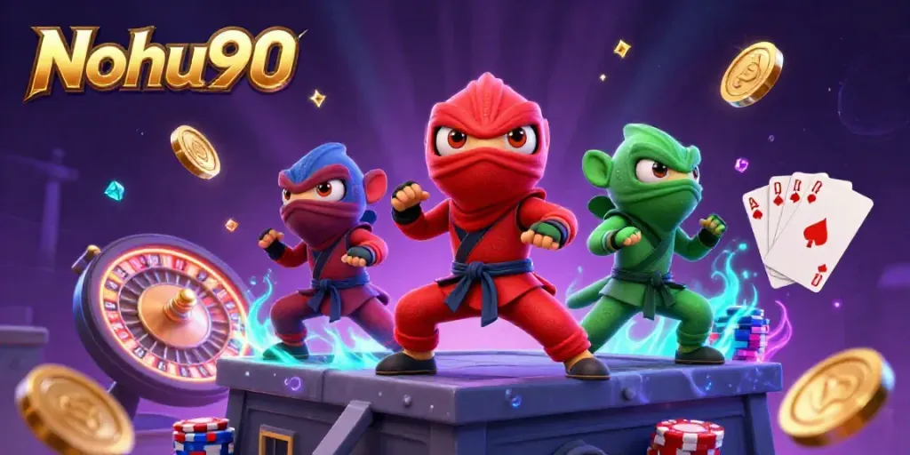 Nohu90 activates action with ninja chameleons showcasing martial arts moves while surrounded by casino elements.