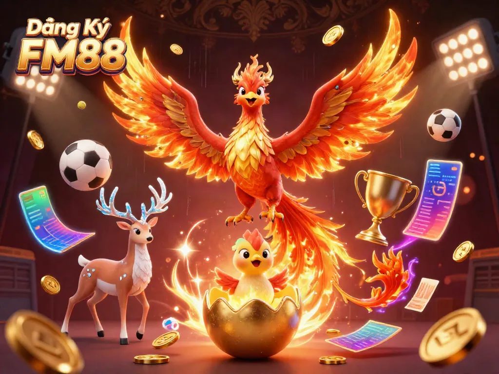 Register on FM88 to win big; vibrant 3D illustration of gaming excitement in a dynamic online casino.