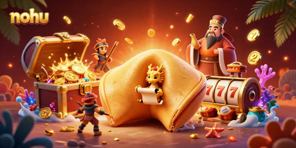 Experience nohu's vibrant casino adventure with golden gems and animated characters.