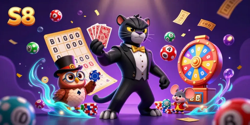 Experience thrilling casino action with S8 as characters celebrate vibrant wins and games.