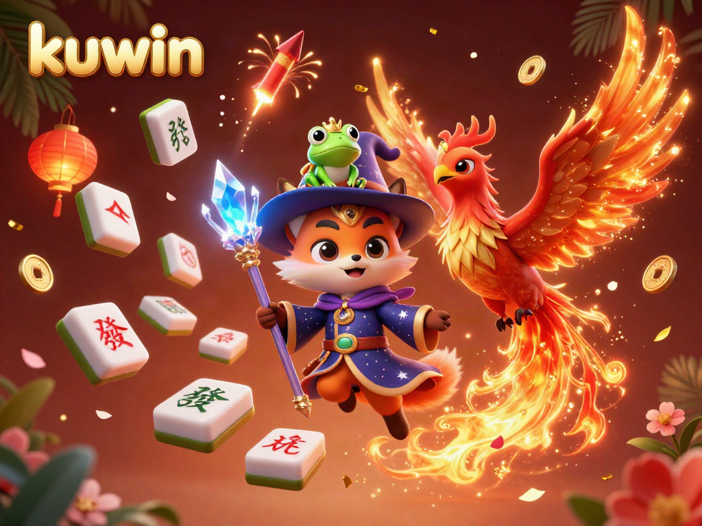 Kuwin's vibrant 3D casino illustration showcasing a mystical fox wizard and a phoenix, surrounded by colorful gambling elements
