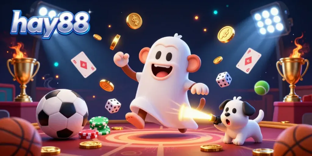 Experience the thrill of hay88 with a playful poltergeist monkey and a curious puppy in a lively casino.
