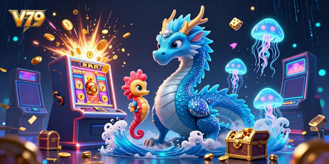 Experience excitement at V79 with a dynamic casino scene featuring a magical dragon and casino elements.