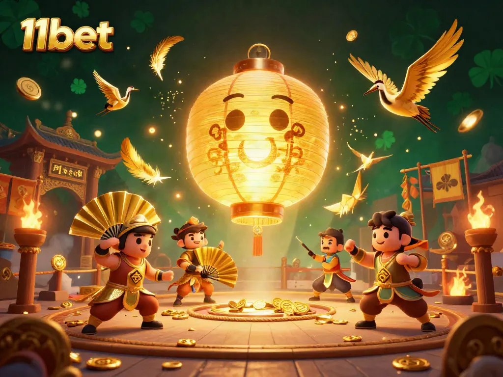 Experience 11bet's thrilling casino atmosphere with golden lanterns and paper fan warriors in a dynamic night market