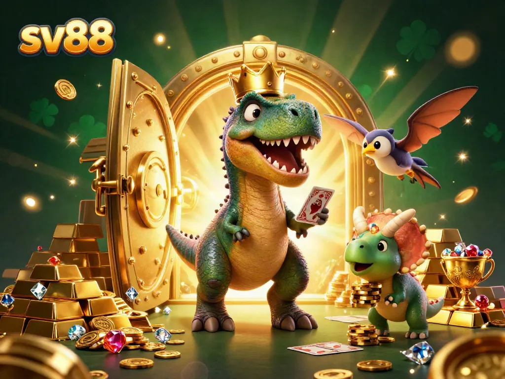 Experience the thrill of sv88 with a playful T-Rex shuffling cards and a vibrant baby triceratops surrounded by treasures.