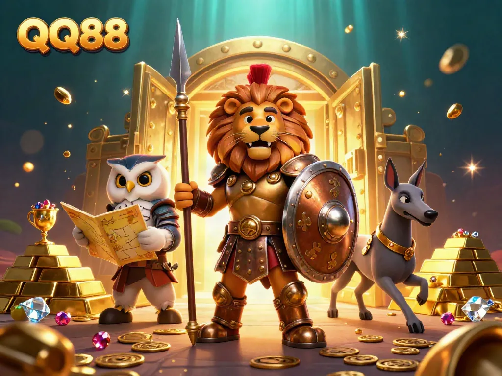 Experience the excitement of QQ88 with a dynamic scene featuring a Spartan lion, owl strategist, and greyhound in a treasure-filled casino