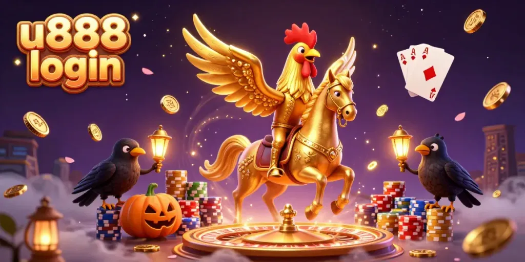 Engage in thrilling casino action with the u888 login as a golden rooster rides through a midnight casino scene.