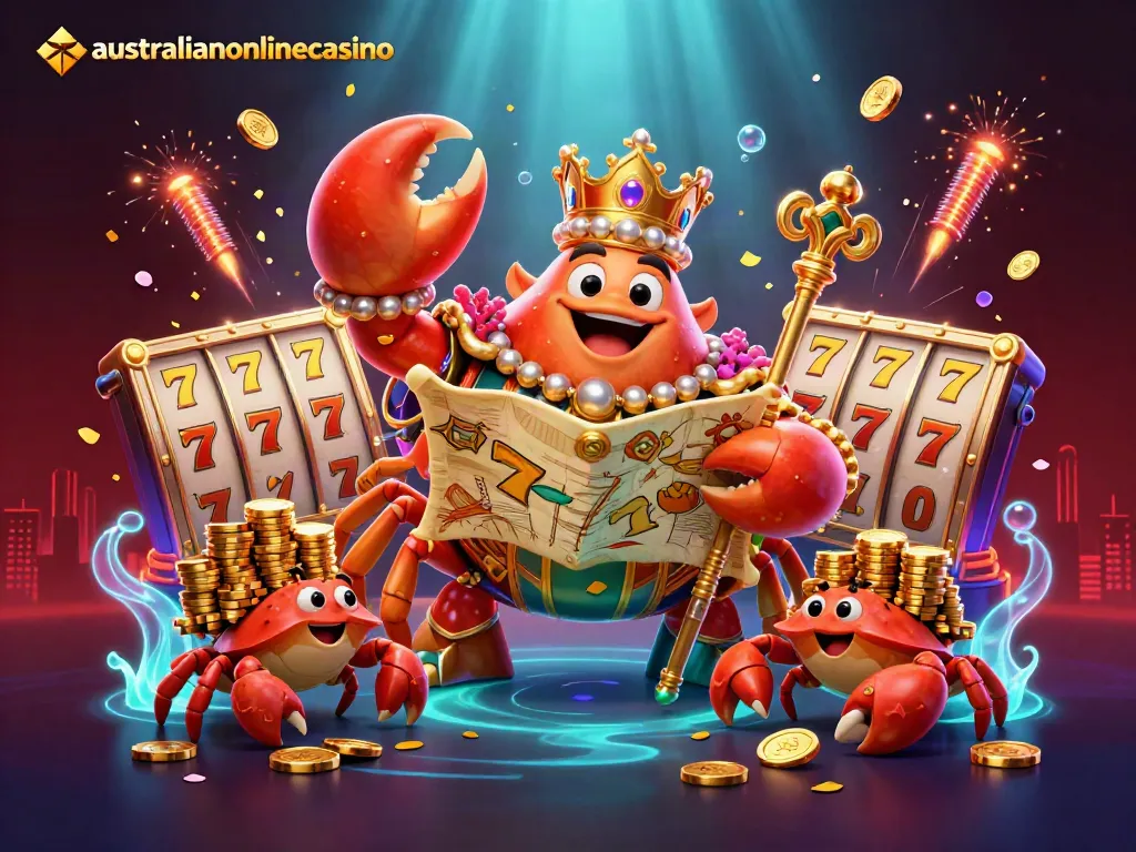 Experience thrilling richness at australianonlinecasino with a golden crab emperor amid vibrant casino elements.