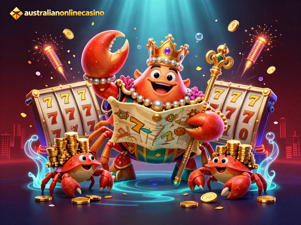 Experience thrilling richness at australianonlinecasino with a golden crab emperor amid vibrant casino elements.