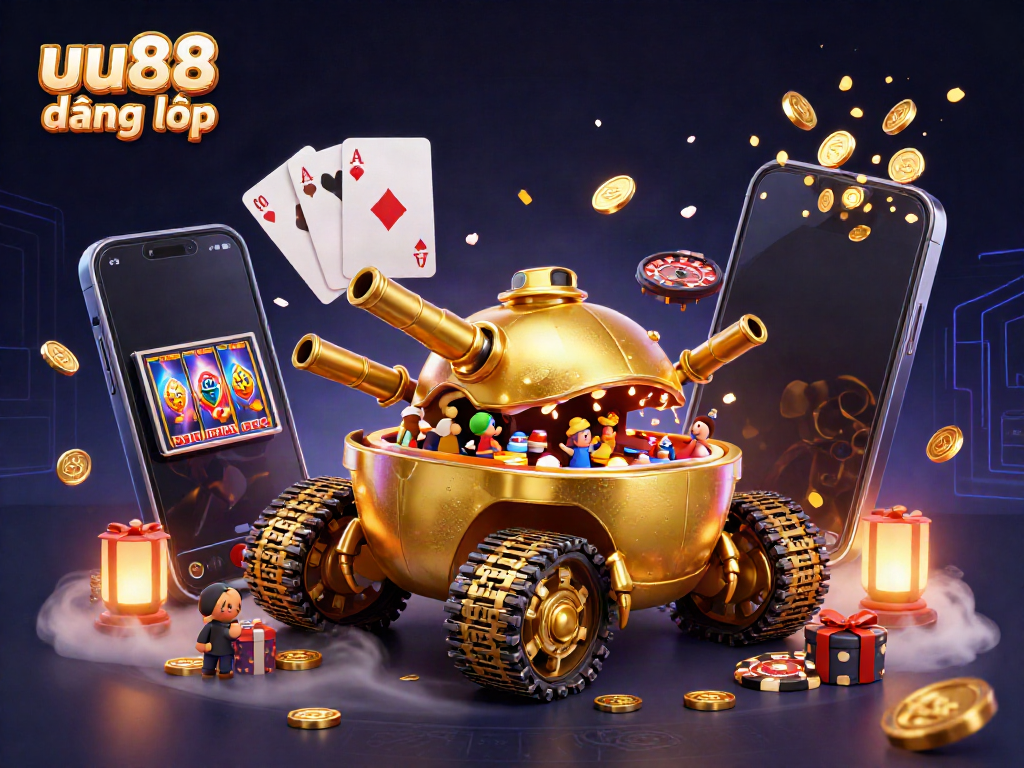 Experience the thrill with uu88 đăng nhập, a vibrant casino scene featuring a golden beetle tank and dynamic gaming action.