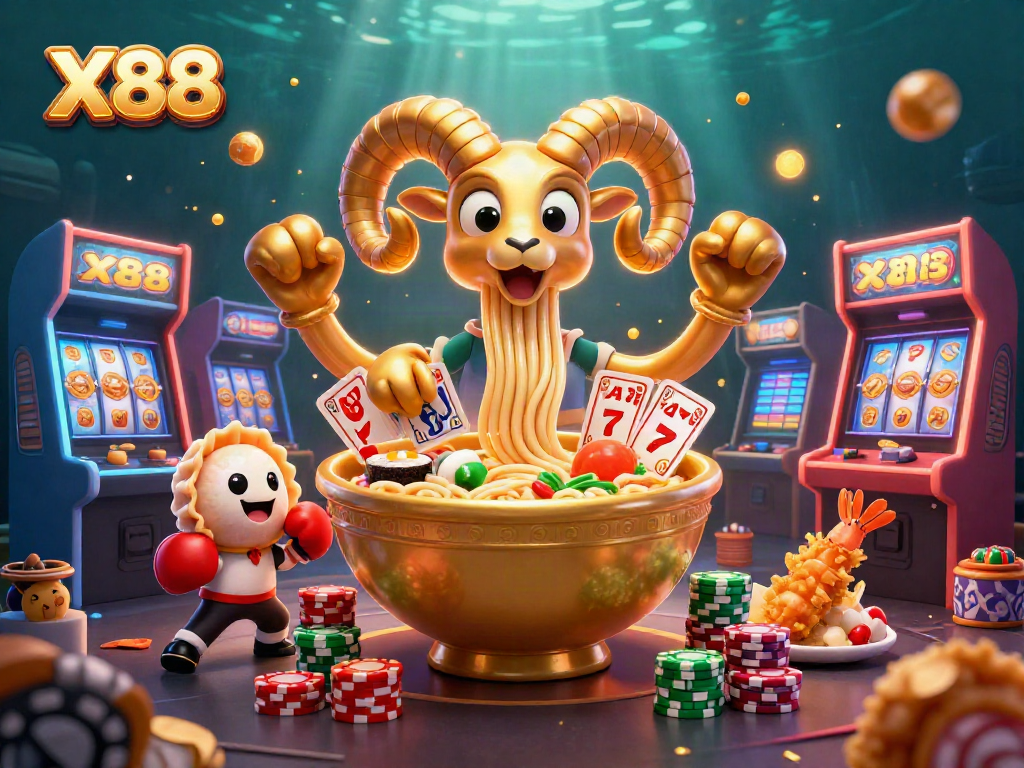 X88 casino scene showcasing a 3D golden ramen bowl character dealing cards with vibrant gaming elements.