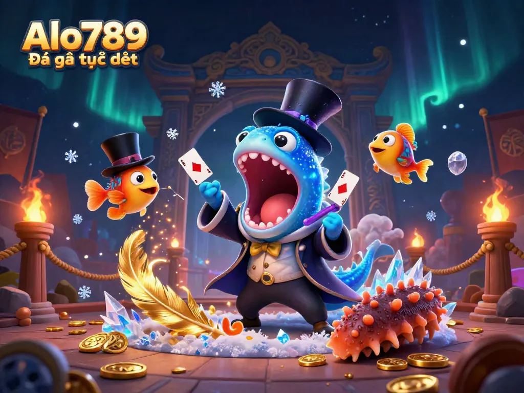 Alo789 Đá gà trực tiếp showcases a vibrant underwater scene of animated characters performing magic tricks amid casino-themed elements.