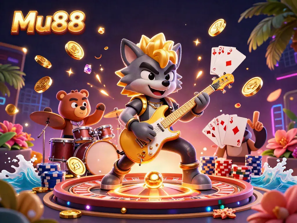 Experience the vibrant world of Mu88 with a lively casino stage scene depicting a cartoon rock star wolf and drummer bear.