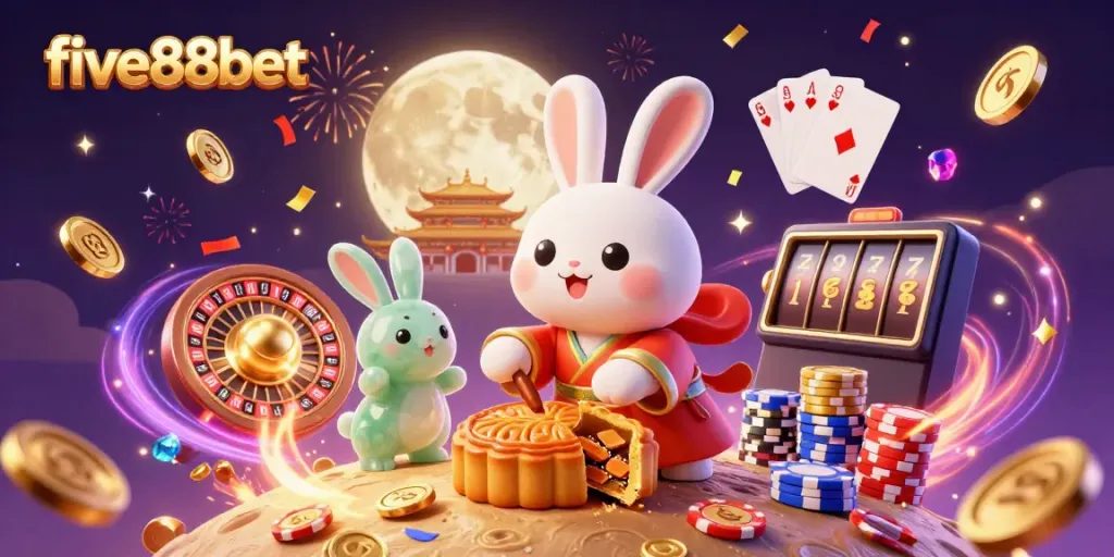 Experience the excitement with five88bet featuring a moon rabbit surrounded by casino games and golden coins.