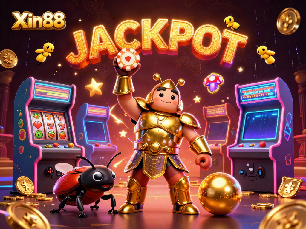 Experience the vibrant jackpot excitement with Xin88 featuring a hero beetle and vivid game elements.