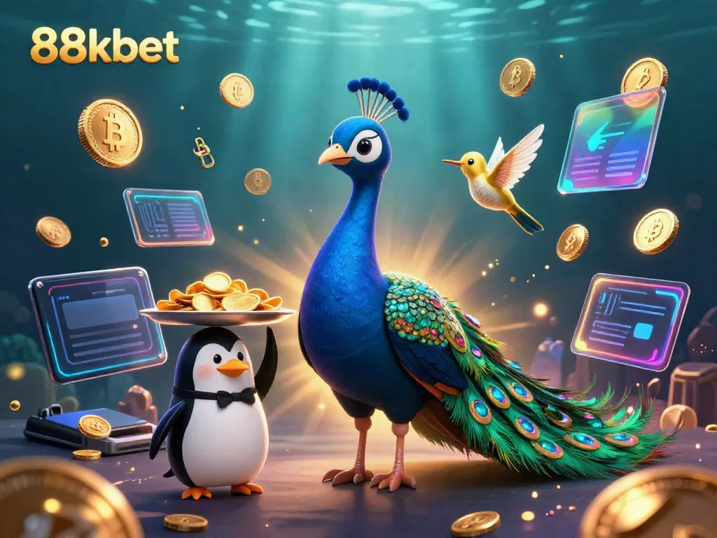 Experience the vibrant excitement at 88kbet with a 3D scene featuring a peacock and penguin amidst floating crypto coins.