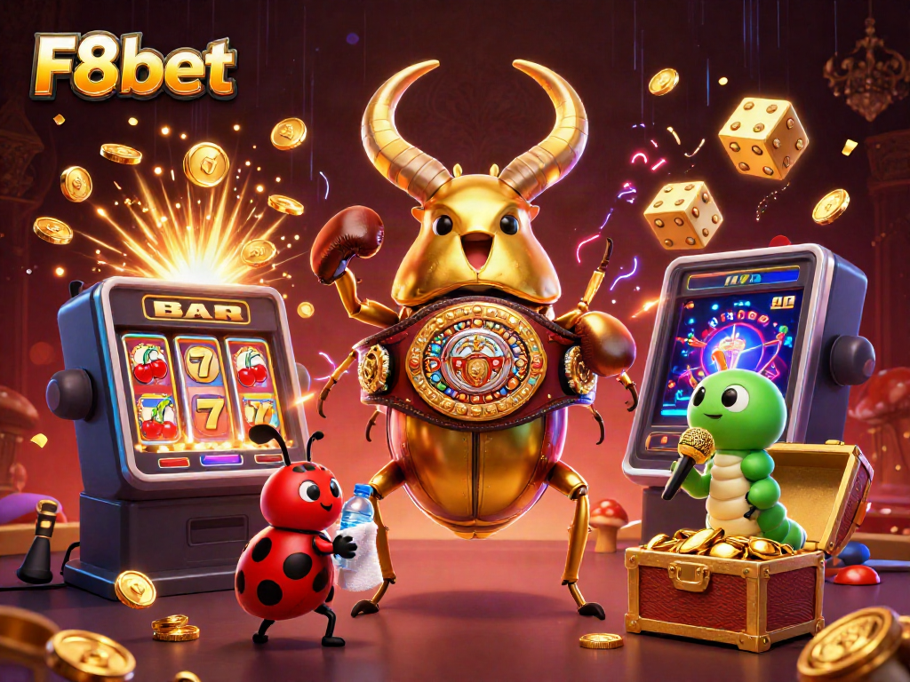 Experience the excitement of F8bet with a vibrant 3D illustration of gaming characters and casino elements.
