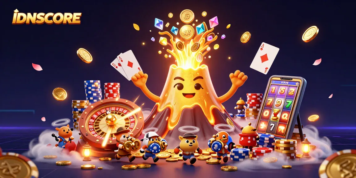 Experience winning thrills with IDNSCORE, as a golden volcano erupts treasure in this vibrant casino scene.