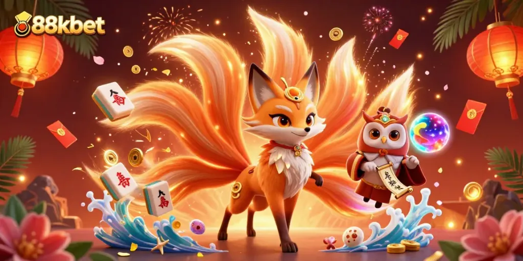 Experience the thrill of 88kbet with vibrant characters and casino-themed elements in a captivating 3D illustration.