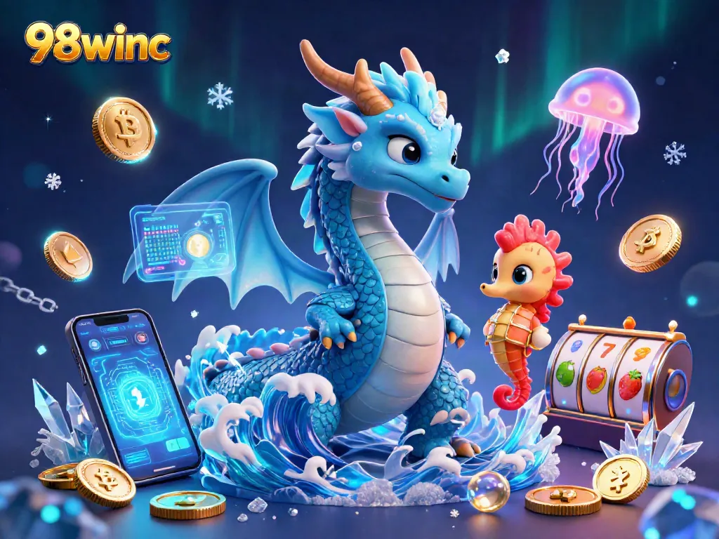 Experience thrilling gameplay at 98winc with slot reels and vibrant characters in a dazzling illustration.