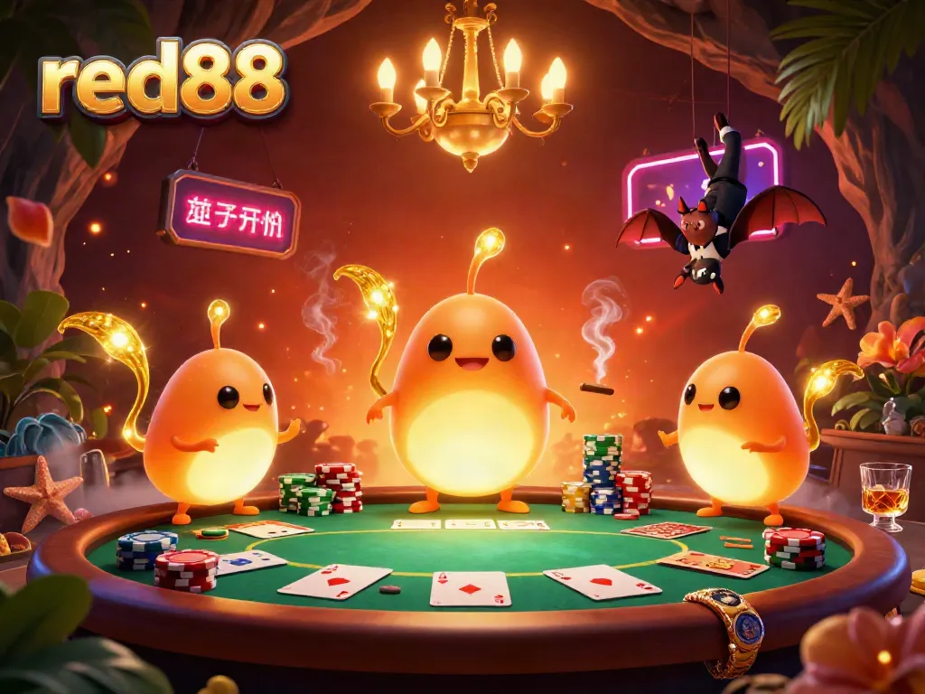 Experience red88's vibrant bioluminescent casino scene with glowworms illuminating the gaming table.