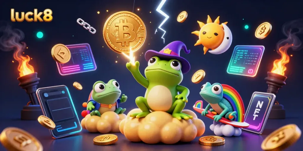 Experience the thrill of luck8 as a wizard frog creates a storm of golden coins alongside a chameleon and mystical spirits.