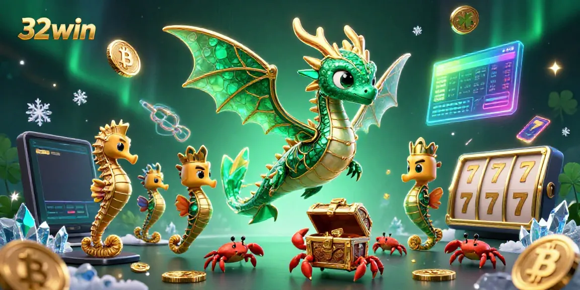 Experience the excitement of 32win with a vibrant casino-themed illustration featuring a sea dragon and treasure.