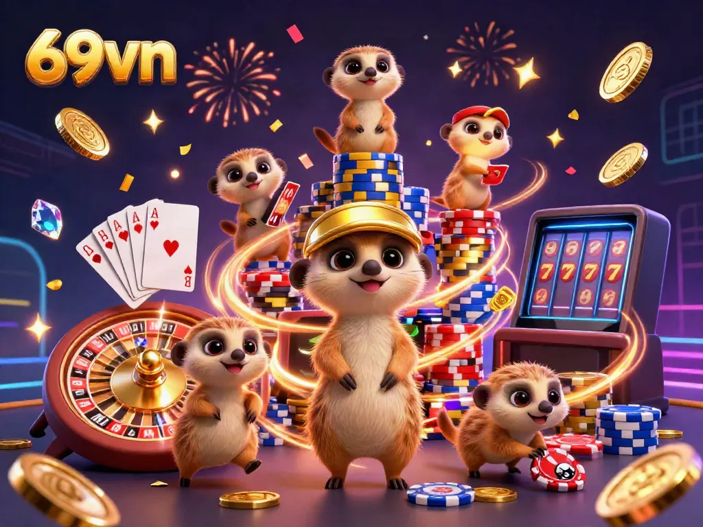 Engaging scene of meerkats in a 69vn casino celebrating with golden coins and cards.