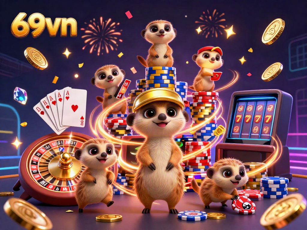 Engaging scene of meerkats in a 69vn casino celebrating with golden coins and cards.