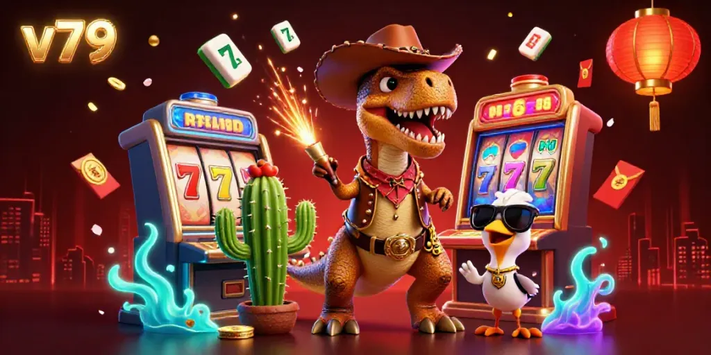 Experience thrilling gameplay at v79 with charming animated characters in a dynamic casino scene.