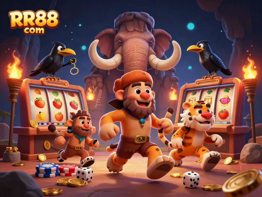 Experience the vibrant excitement of RR88 com with a unique prehistoric casino scene, showcasing engaging slot and gaming elements.