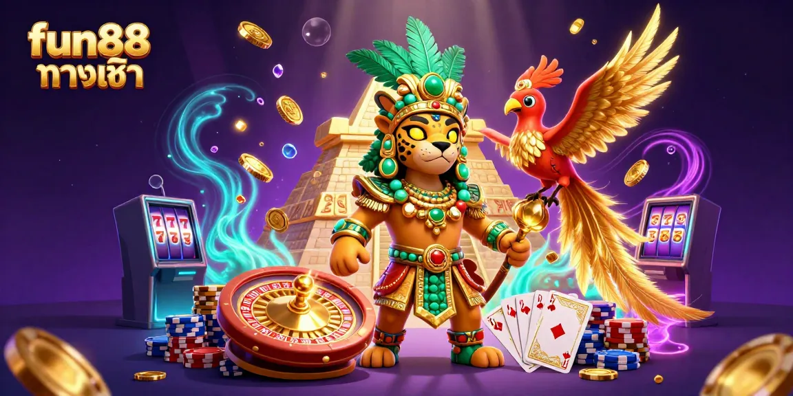Experience fun88 ทางเข้า with dynamic 3D illustration showing the Mayan jaguar priest in a vibrant casino scene.