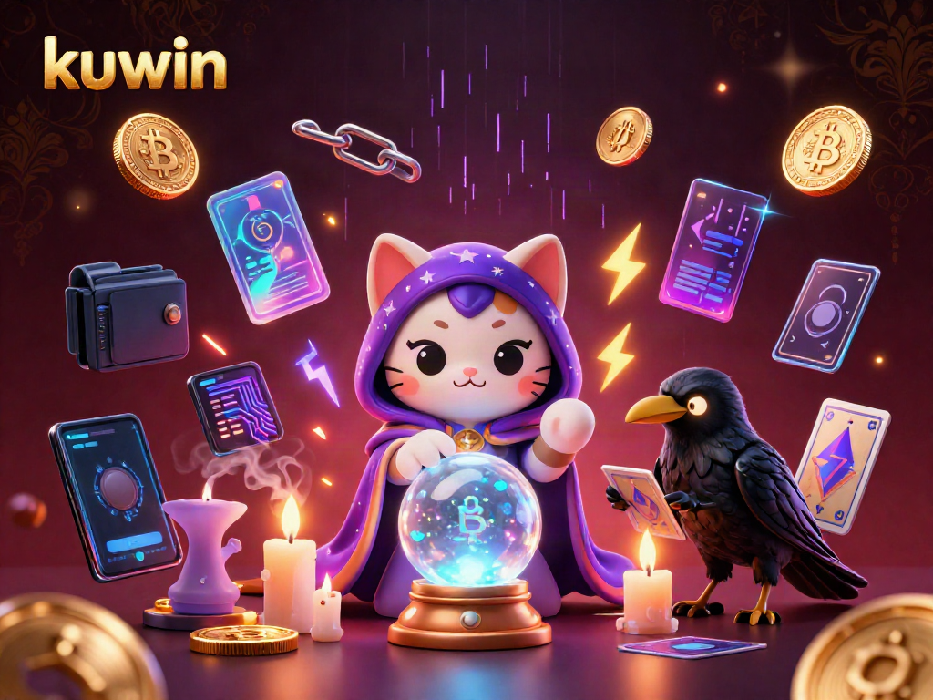 Engage in thrilling gameplay at kuwin with a mystical cat, tarot raven, and glowing crypto elements.