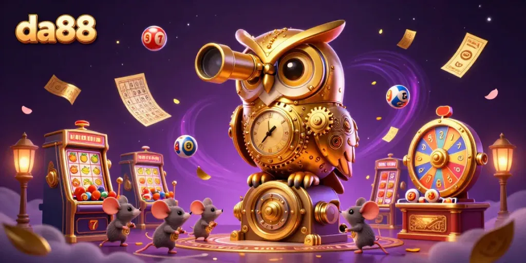 Explore the vibrant da88 casino scene with a golden owl and wind-up mice patrons amid colorful gaming elements.