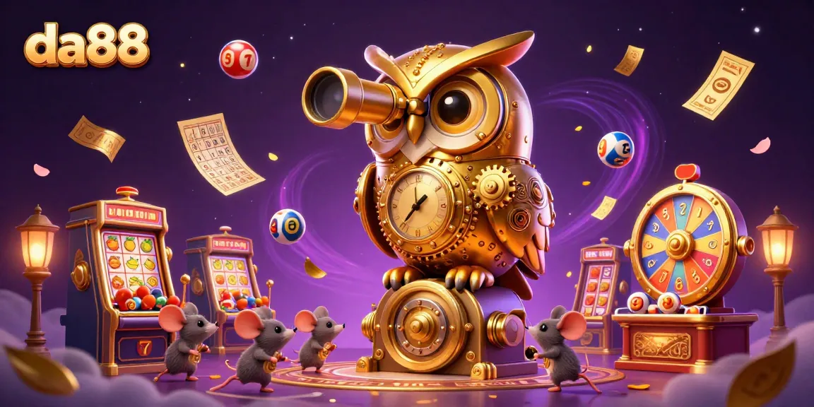Explore the vibrant da88 casino scene with a golden owl and wind-up mice patrons amid colorful gaming elements.