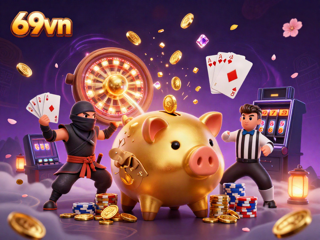 Experience the excitement of 69vn with a lively scene portraying dynamic gaming elements and characters.