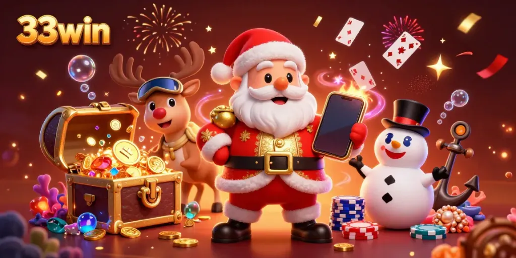 Engage with 33win's vibrant casino realm through a festive illustration of Santa, reindeer, and snowman celebrating with jackpot slots.