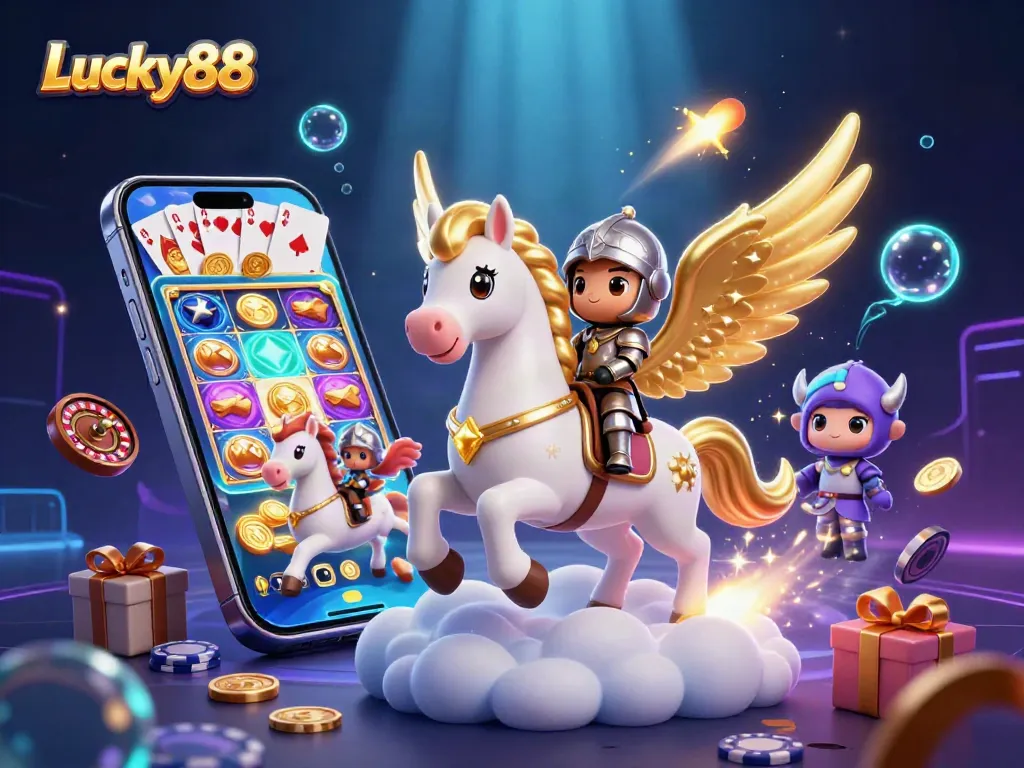 Experience Lucky88 with an exciting 3D scene of casino elements and a heroic knight.