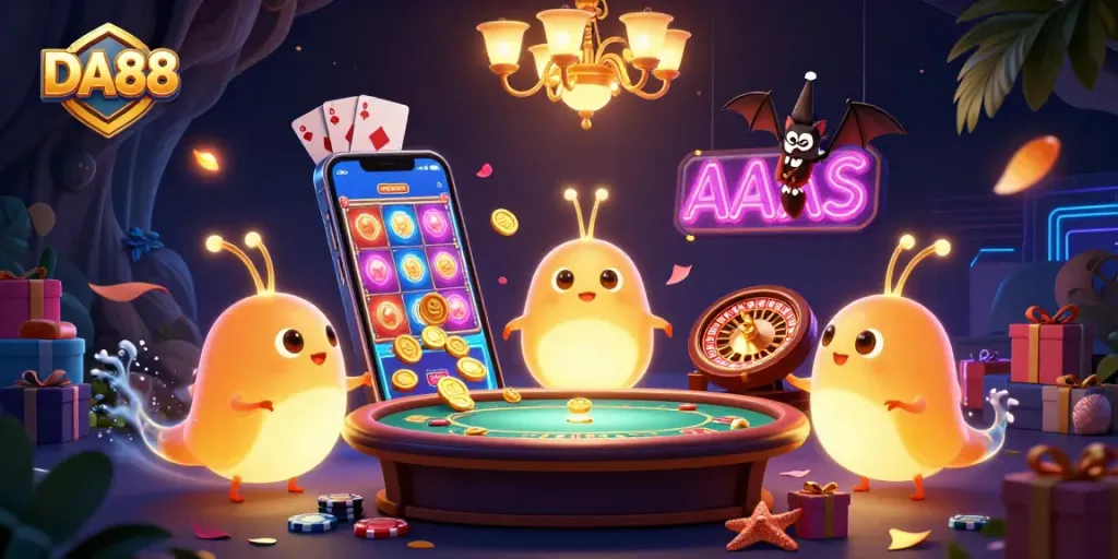 Watch DA88's glowing worms transform a casino scene with vibrant lights and gaming action.