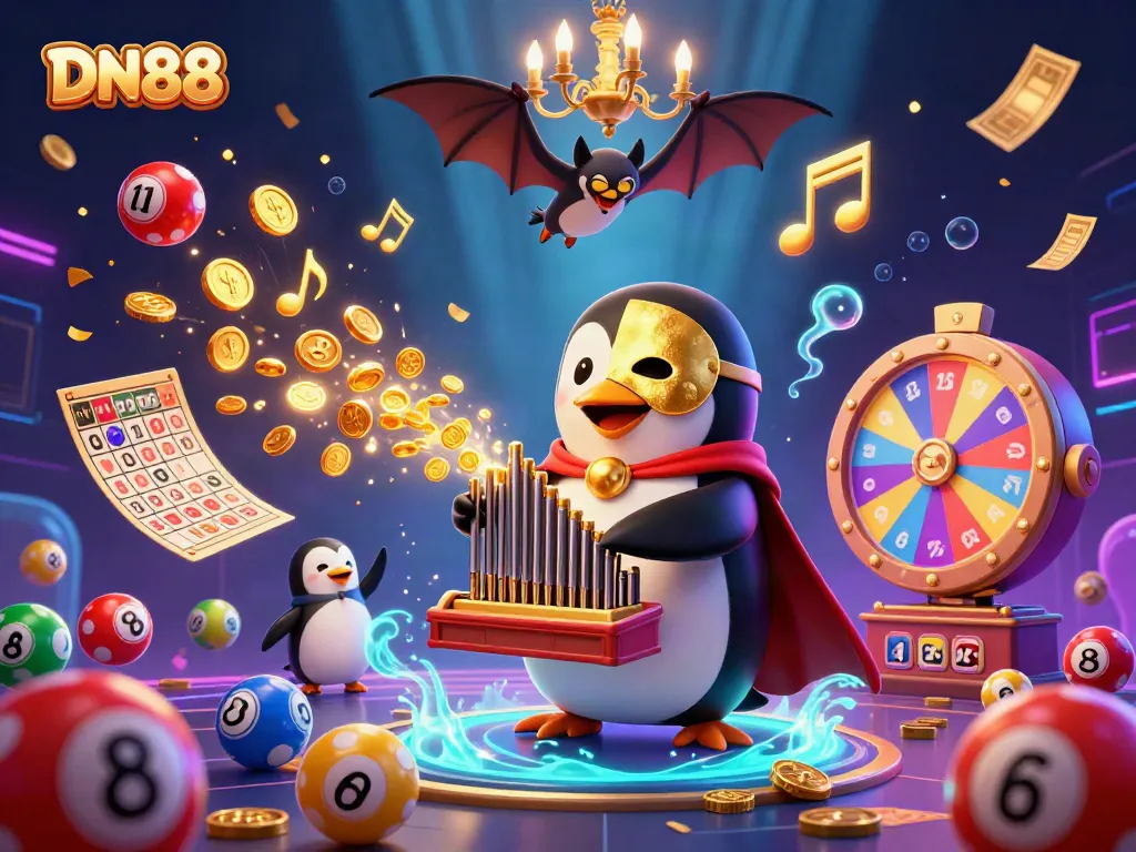 Experience thrilling gaming with DN88 in a vibrant 3D casino scene featuring colorful lottery elements.