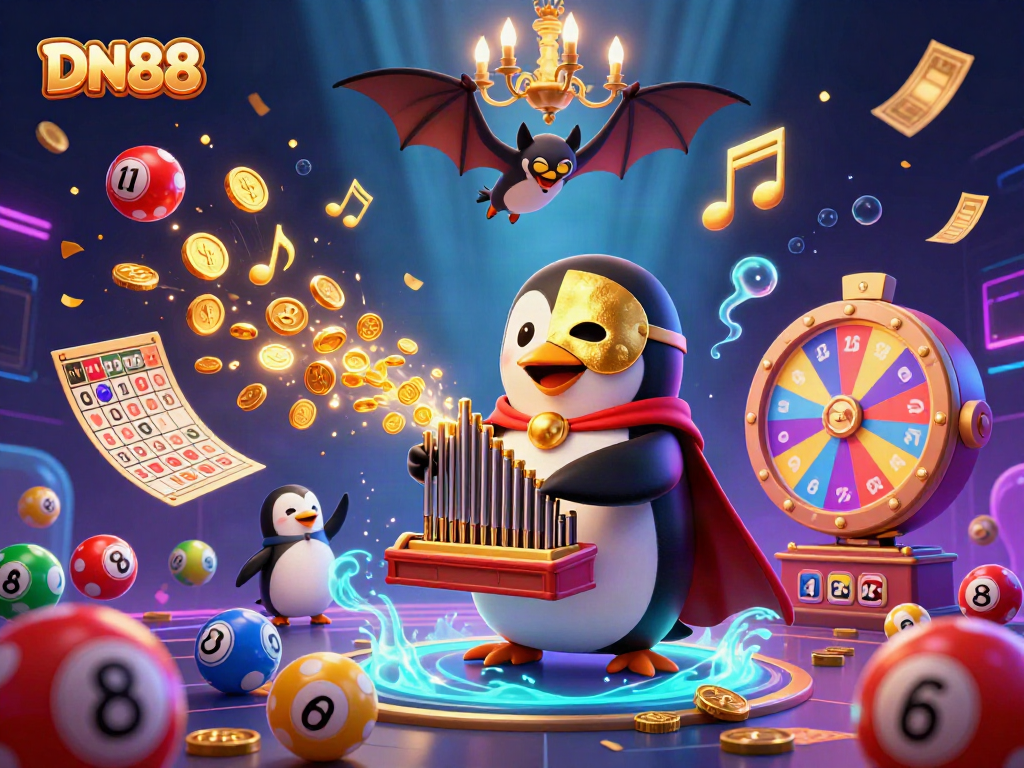 Experience thrilling gaming with DN88 in a vibrant 3D casino scene featuring colorful lottery elements.