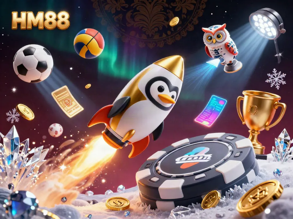 Win big at HM88 with a vibrant 3D scene featuring a golden penguin and casino elements.