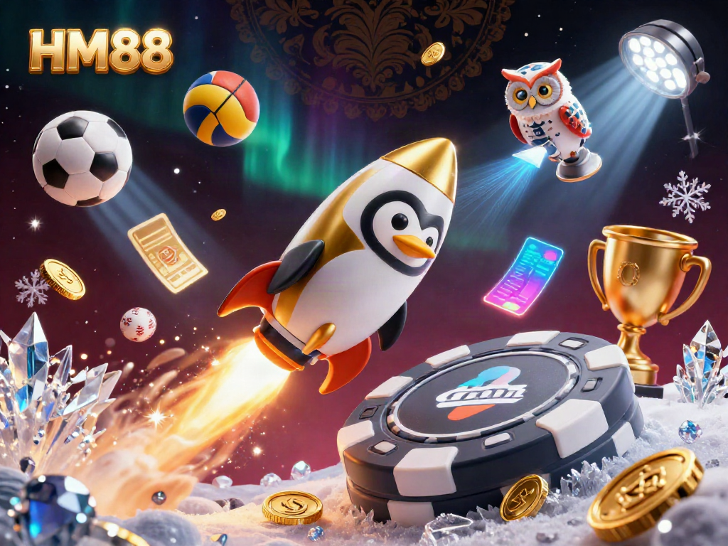 Win big at HM88 with a vibrant 3D scene featuring a golden penguin and casino elements.