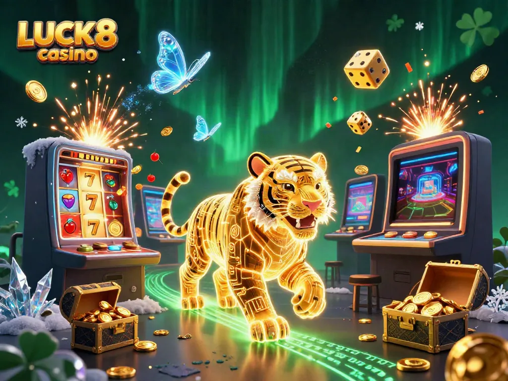 Experience the excitement of LUCK8 casino with a vibrant digital landscape featuring a golden tiger, jackpot symbols, and a glowing atmosphere.